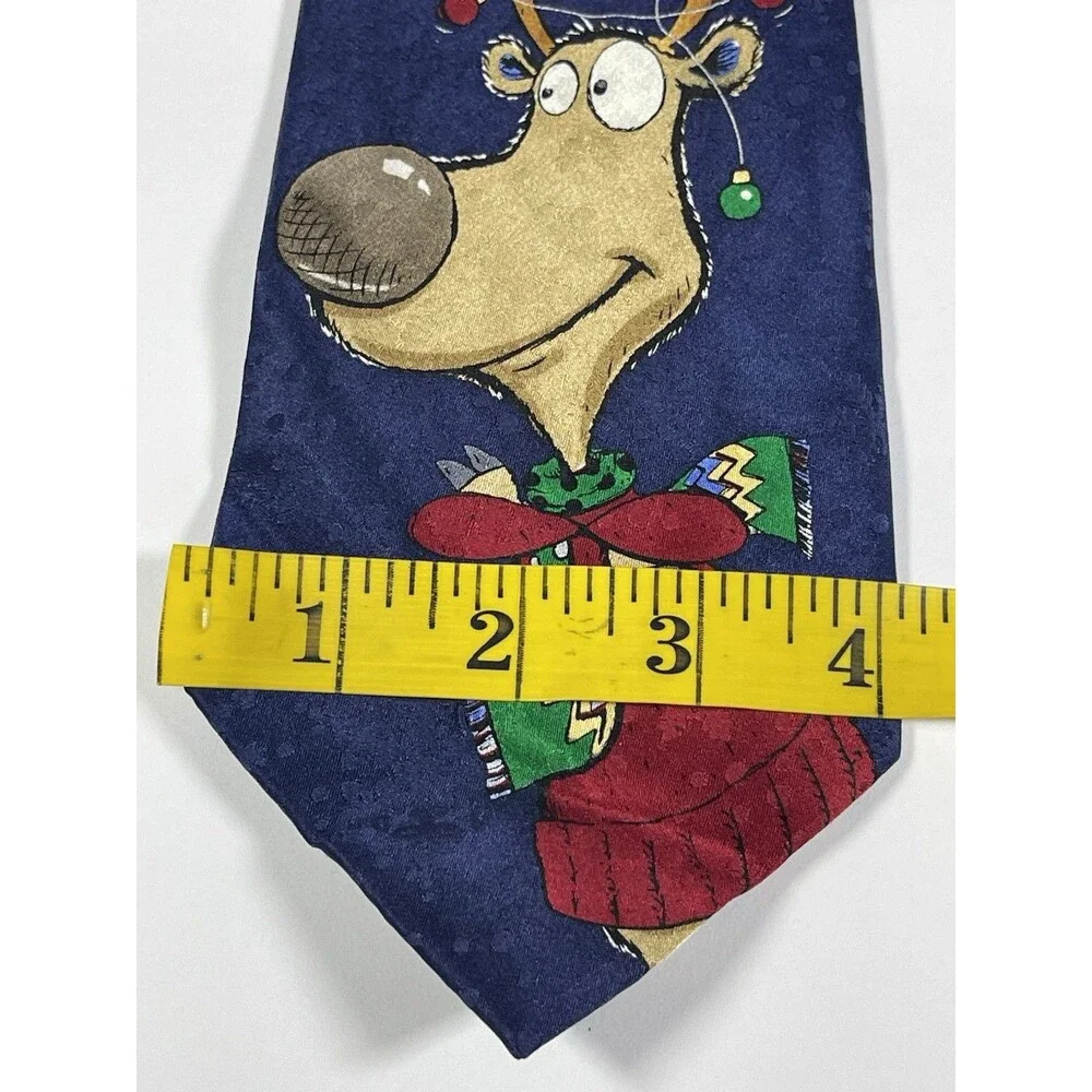 American Greetings Silk Necktie Reindeer Christmas Lights Snowflakes Navy Blue